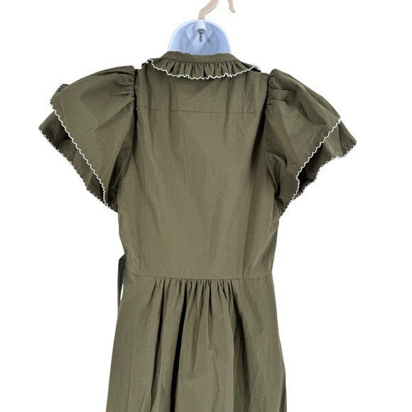 Tuckernuck NEW Olive Green Alice Puff Sleeve Collared Classic Midi Dress XXS