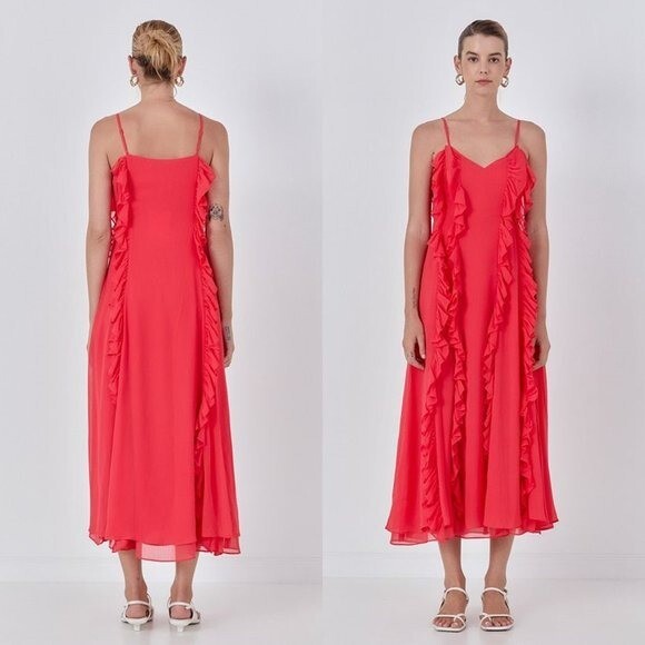 Endless Rose NEW Chiffon Ruffle Formal V Neck Midi Dress Womens Size Medium