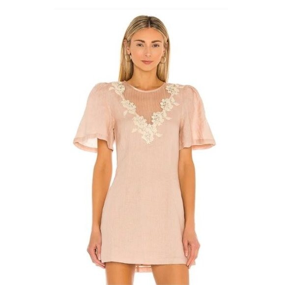 Tularosa | NEW Levy Embroidered Linen Puff Sleeve Mini Dress in Natural Size XS