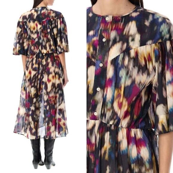 Isabel Marant Etoile NEW Maggy Black Watercolor Button Down Midi Dress Size S