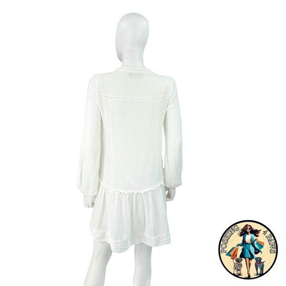 Pomander Place NEW White Gauze Beaded Long Puff Sleeve V-Neck Mini Dress Size S