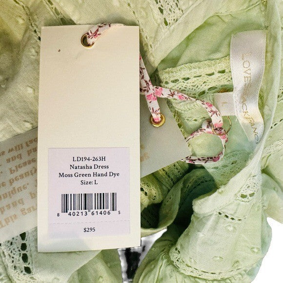 LoveShackFancy Natasha Green Lace Embroidered Tiered Ruffle Mini Dress Size L