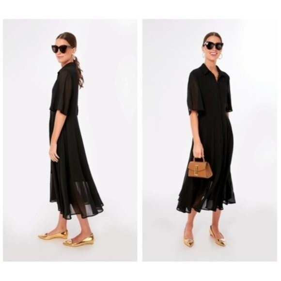 Pomander Place | NEW Black Maeve Classic Collared Shirt Maxi Dress Size Small