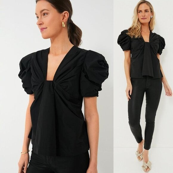 Hyacinth House NEW Black Aubrey Puff Sleeve V Neck Blouse Top Size S