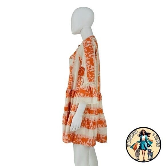 Tuckernuck NEW Kasia Ecru Clio Ruffle Mini Dress in Orange and Ivory Size XS