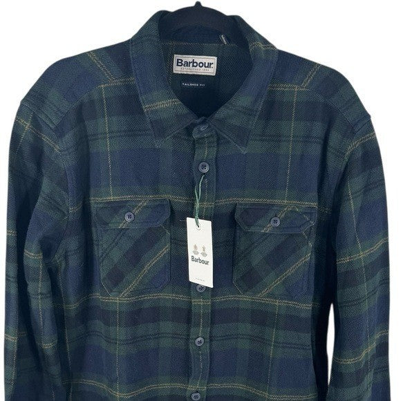 Barbour NEW Mens Snowcap Tailored Button Down Flannel Shirt Blue Green Size L