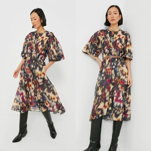 Isabel Marant Etoile NEW Maggy Black Watercolor Button Down Midi Dress Size S