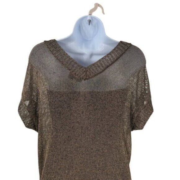 Tuckernuck Bronze Metallic Knit Mesh V Neck Short Sleeve Midi Dress Size L