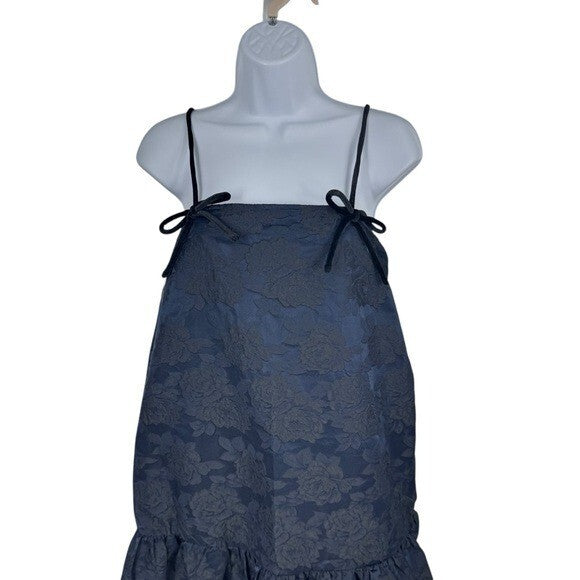 GANNI NEW Navy Blue Botanical Jacquard Formal Bow Strap Midi Dress Size 4
