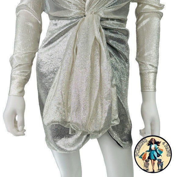 Redemption for FWRD Long Sleeve Metallic Deep V Party Dress in Silver Size XS