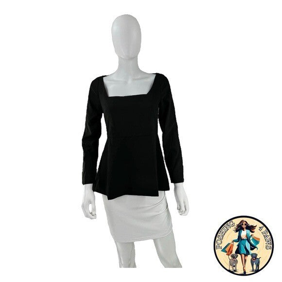 Pomander Place NEW Black Simone Peplum Long Sleeve Square Neck Blouse Size S