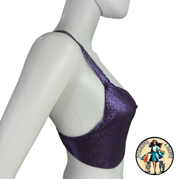 FANNIE SCHIAVONI Hailey Mesh Metallic Festival Draped Crop Top in Purple Size S