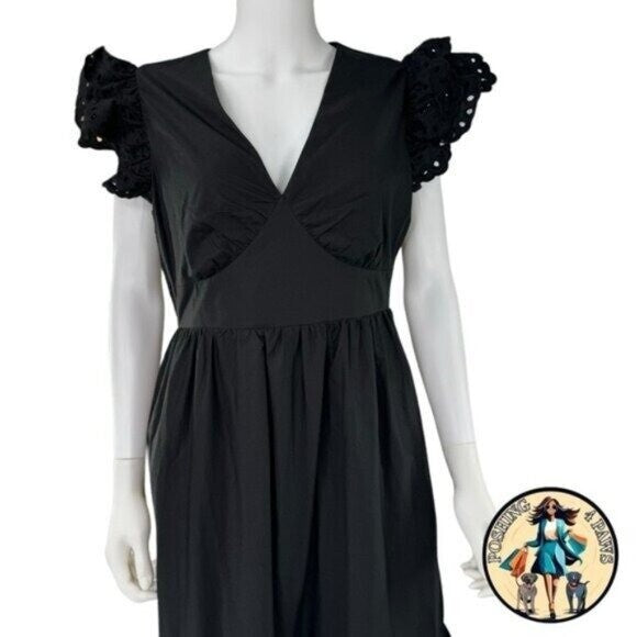 Hyacinth House NEW Black Eyelet Marshall V Neck Classic Midi Dress Size XS