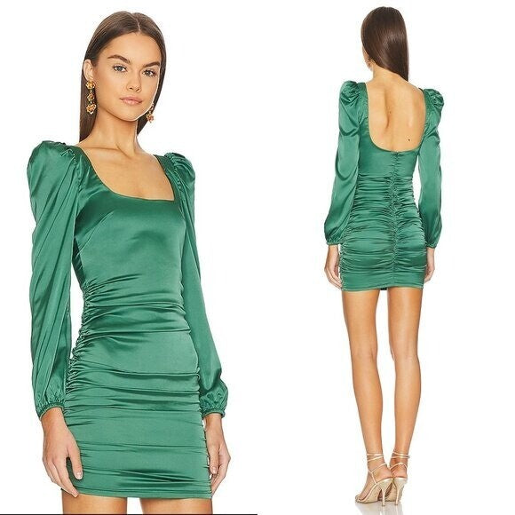 More to Come NEW Green Blaire Long Sleeve Satin Party Mini Dress Size XXS