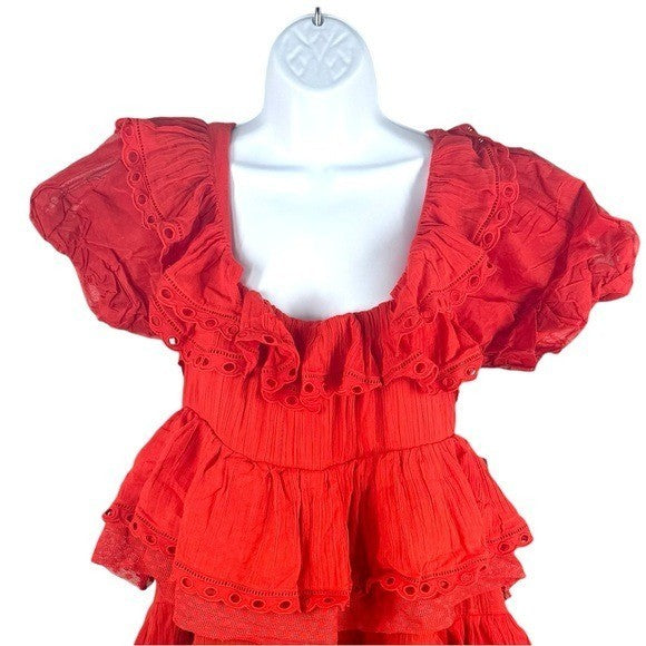 INNIKA CHOO Poinciana Red Organdy Puff Sleeve Scalloped Layer Mini Dress Size S