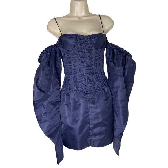 LaQuan Smith Off the Shoulder Formal Puff Sleeve Mini Dress in Navy Size S NEW