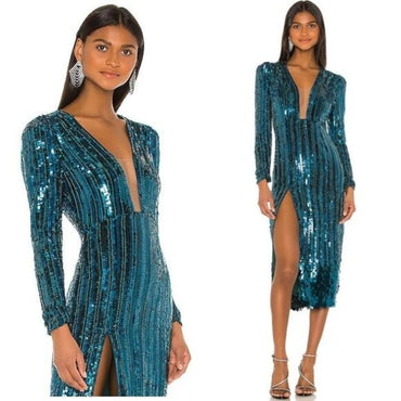 REVE RICHE | NEW Miesha Sequin Midi Dress in Forest Green Size 4