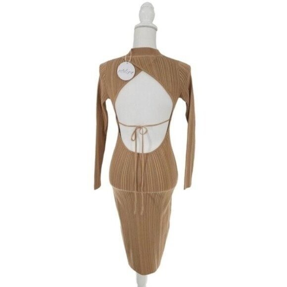 Petal & Pup NEW Milleri Long Sleeve Open Back Ribbed Dress in Camel Tan Size 4