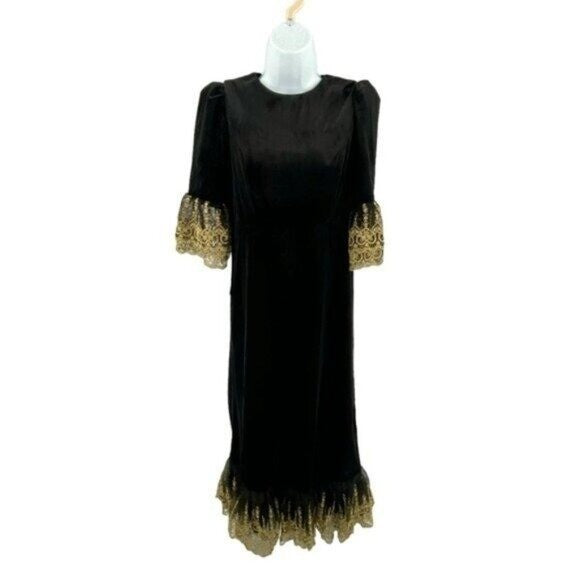 NEW Pomander Place Black Velvet Lillith Embroidered Lace Maxi Dress Size XXS