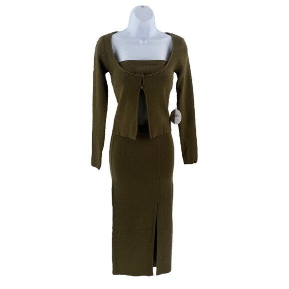 Petal & Pup NEW Luna Knitted Matching 3 Piece Set Midi Dress Olive Green Size XS