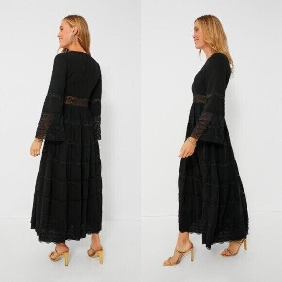 Hyacinth House NEW Lydia V Neck Black Lace Tiered Elegant Maxi Dress Size S