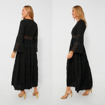 Hyacinth House NEW Lydia V Neck Black Lace Tiered Elegant Maxi Dress Size S