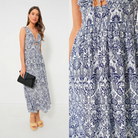 Hyacinth House NEW Navy Scroll Print Toula V Neck Sleeveless Maxi Dress Size XXL
