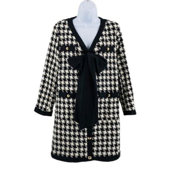 Pomander Place | NEW Coco Tweed Houndstooth Bow Mini Dress Black White Size L