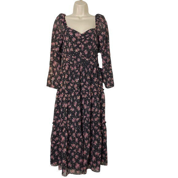1. STATE | NWT Long Sleeve Midi Dress in Gold Foil Floral Chiffon Size 2/S