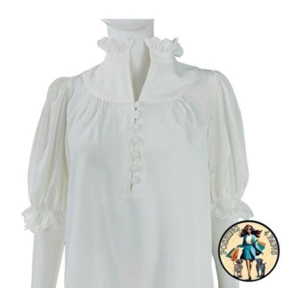 Pomander Place | NEW White Selena Short Puff Sleeve Ruffle Collar Blouse Size S
