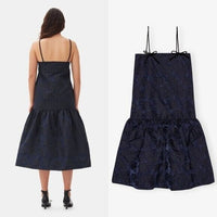 GANNI NEW Navy Blue Botanical Jacquard Formal Bow Strap Midi Dress Size 6