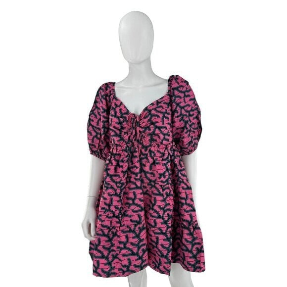 Elsamama NEW Pink Bimpe Abstract Cotton Tiered Relaxed Fit Mini Dress Size M