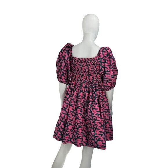 Elsamama NEW Pink Bimpe Abstract Cotton Tiered Relaxed Fit Mini Dress Size M