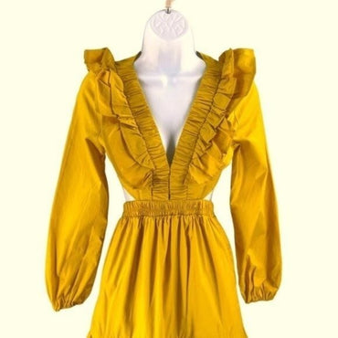 NEW Petal & Pup Mariga Long Sleeve Frill Shoulder Midi Dress in Marigold Size S