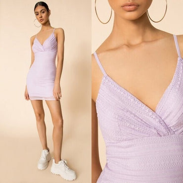 Superdown NEW Carissa Lavendar Purple Lace V Neck Bodycon Mini Dress Size M