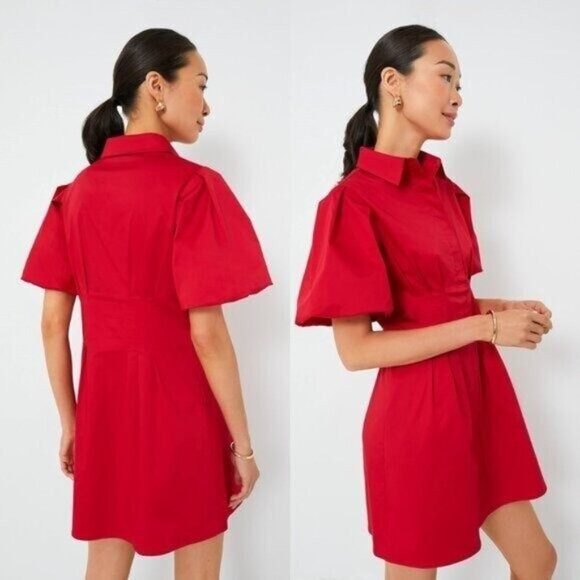 Tuckernuck NEW Red Mini Delaney Puff Sleeve Collared Classic Mini Dress Size L