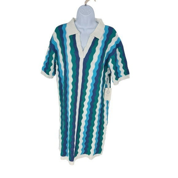 Hyacinth House NEW Aqua Wavy Sammie Blue White Coastal Knit Mini Dress Size XL