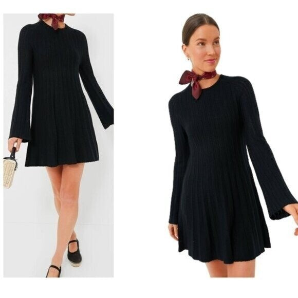 Pomander Place NEW Black Adi Long Belle Sleeve Ribbed Knit Mini Dress Size XS