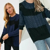 Tuckernuck NEW Navy Patchwork Cable Knit Relaxed Fit Pullover Sweater Size L