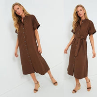 Tuckernuck NEW Brown Prescott Belted Short Sleeve Collared Shirt Midi Dress XXL