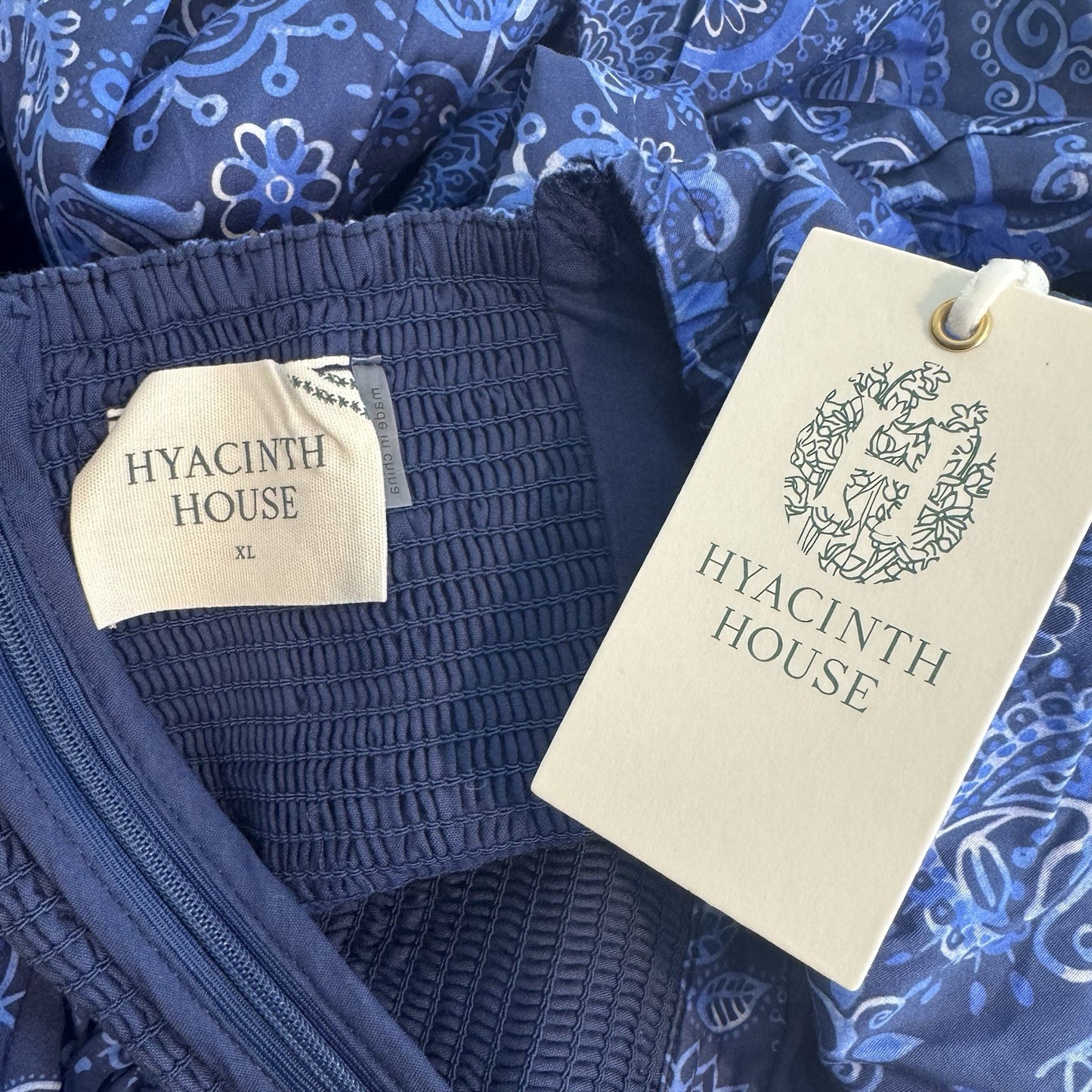 Hyacinth House NEW Blue Mod Paisley Bianca Puff Sleeve V Neck Mini Dress Size XL