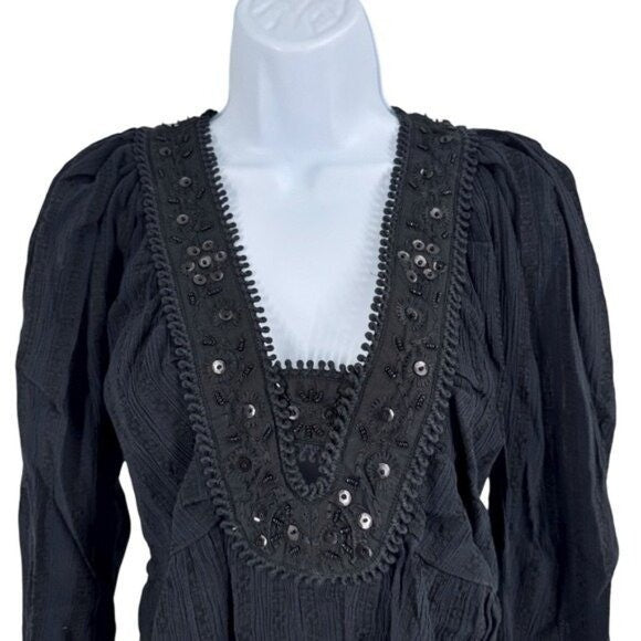 Sea New York NEW Charlotte Black Embellished Long Sleeve V Neck Top Size S