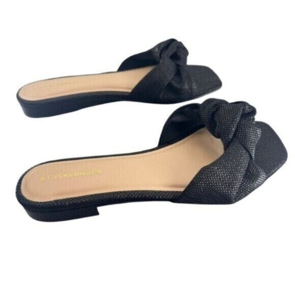 Tuckernuck NEW Black Raffia Britt Square Toe Knot Slip On Flat Sandal Size 6