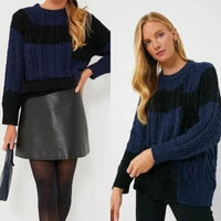 Tuckernuck NEW Navy Patchwork Cable Knit Relaxed Fit Pullover Sweater Size L