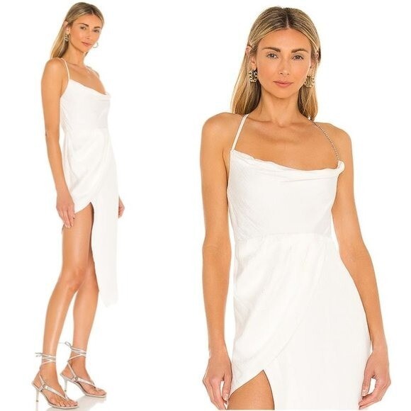 NEW Michael Costello x REVOLVE Tessa Satin Chain Midi Dress Ivory Women's Size S