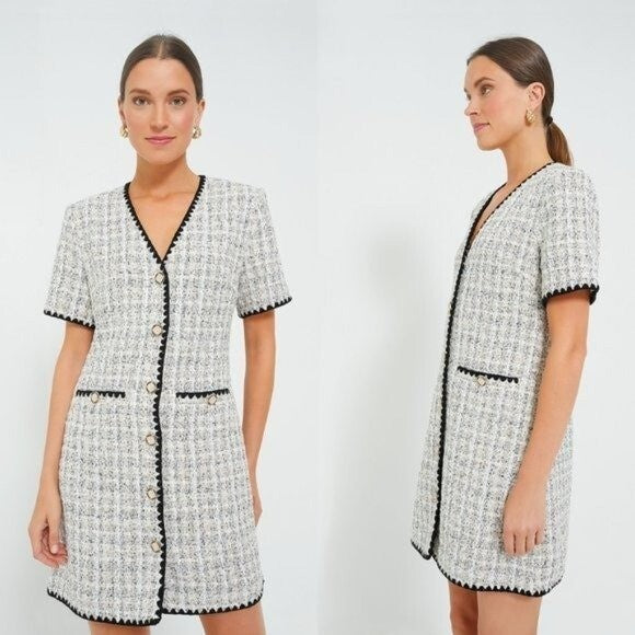 Pomander Place NEW White Tweed Retro Josephine Mini Dress in White Black Size S