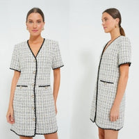 Pomander Place NEW White Tweed Retro Josephine Mini Dress in White Black Size S