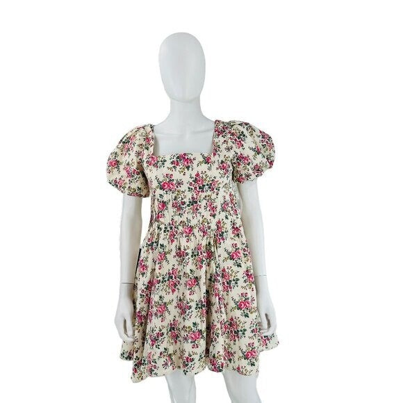 Hyacinth House NEW Ivory Pink Floral Puff Sleeve Mini Dress Size Small