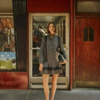 Tuckernuck NEW Black Geo Tate Tencel Long Sleeve Drop Waist Mini Dress Size XXS