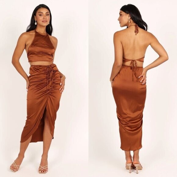 Mable x Petal and Pup NEW Angelique Open Back Satin Cognac Matching Set Size S
